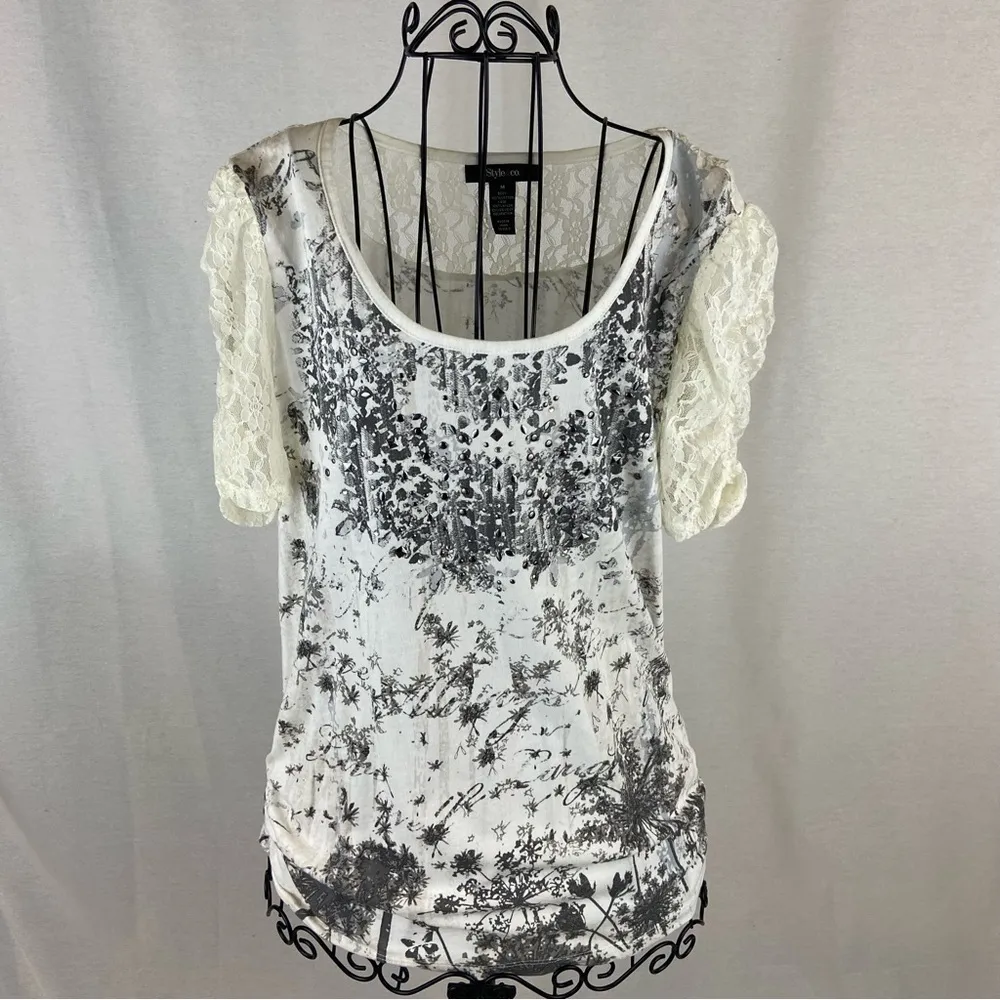 Style & Co Cream and Black Dandelion Wishes Top with Lace Sleeves Size Medium - Image 24