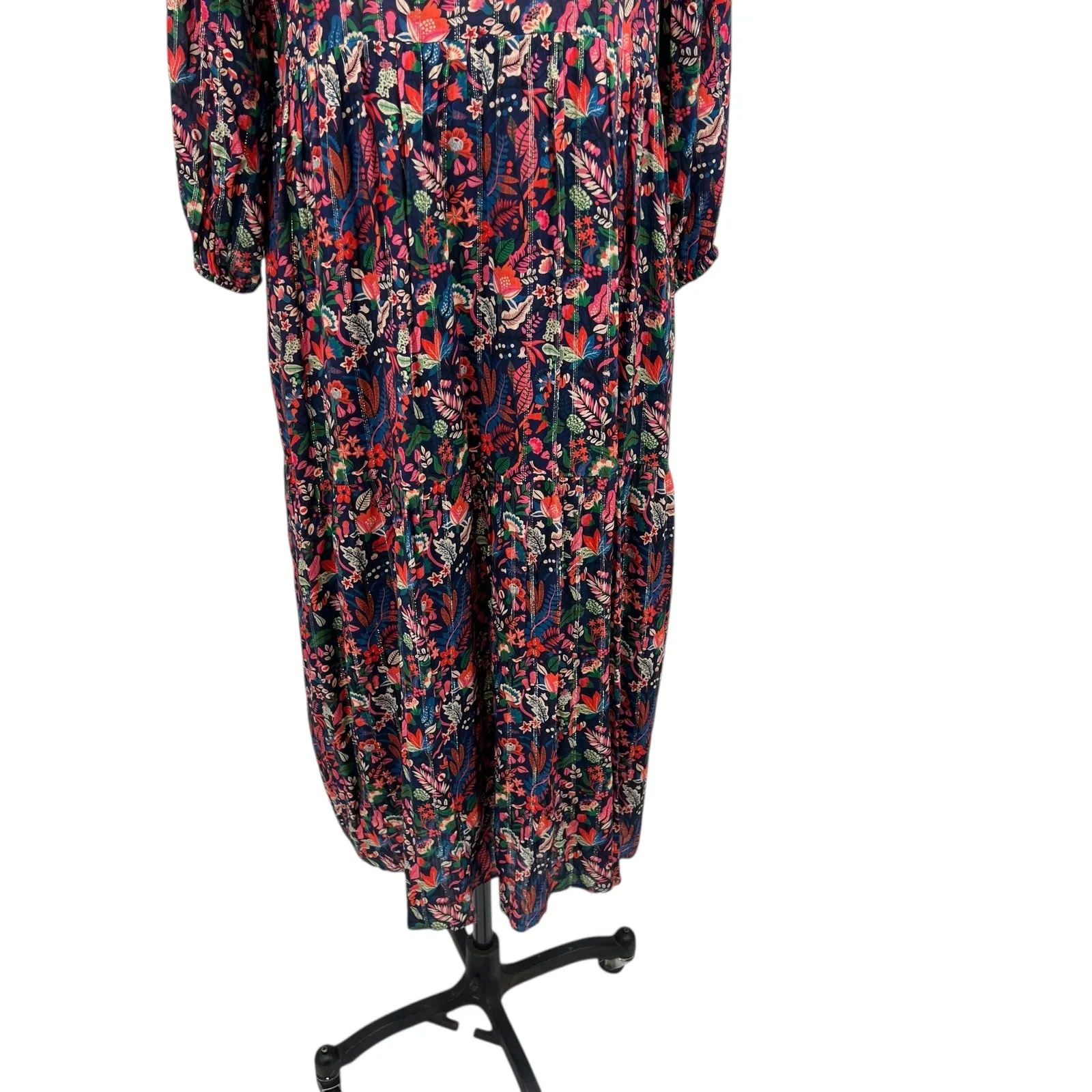 Vilagallo Midi Dress Kaftan Floral Print Metallic Navy Blue Multi Size 42 US 8 - Image 4