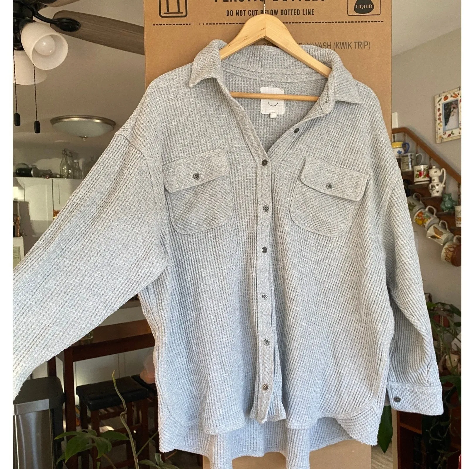 Aerie LumberJane Waffle Knit Oversized Gray Button Down Shirt Medium Normcore - Image 2