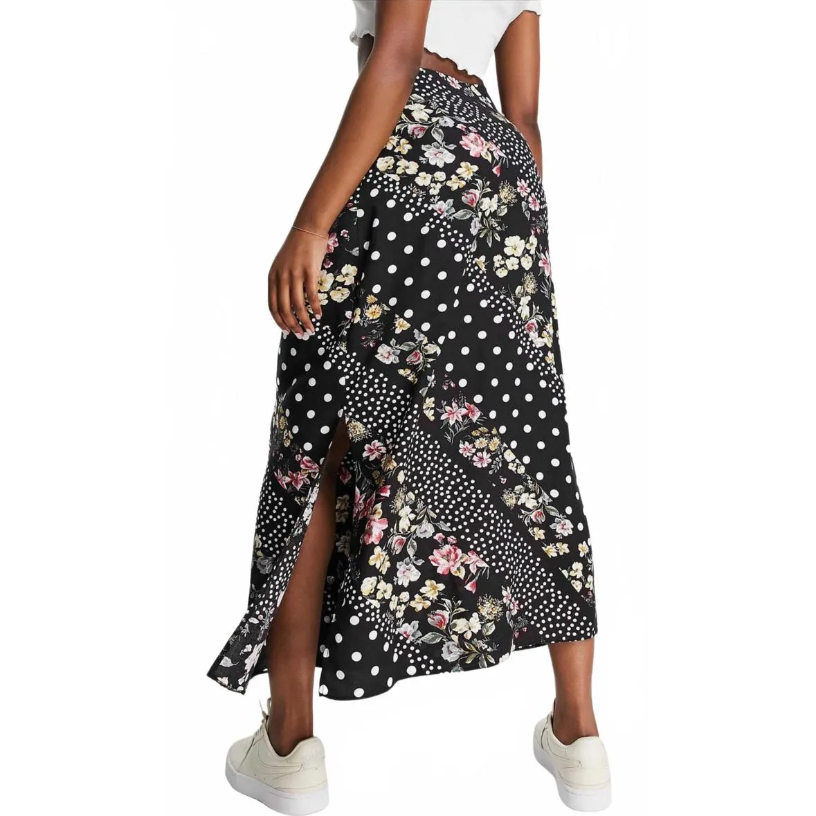 ASOS Floral Dot Midi Slit Button Up Pockets Skirt Black Size 2 - Image 3