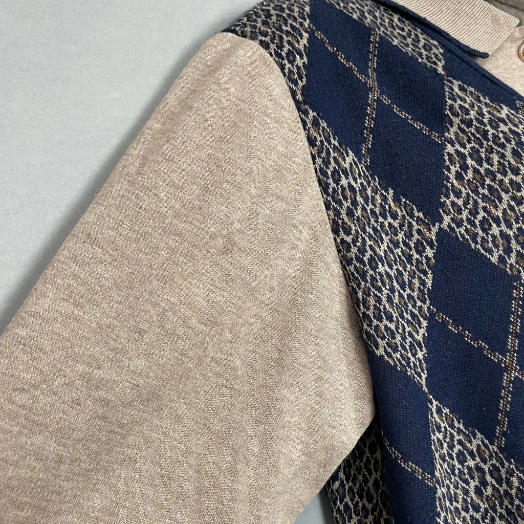 Vintage Argyle Sweater Vest Faux Set‎ Leopard Print Tan Navy Women Size Medium - Image 9