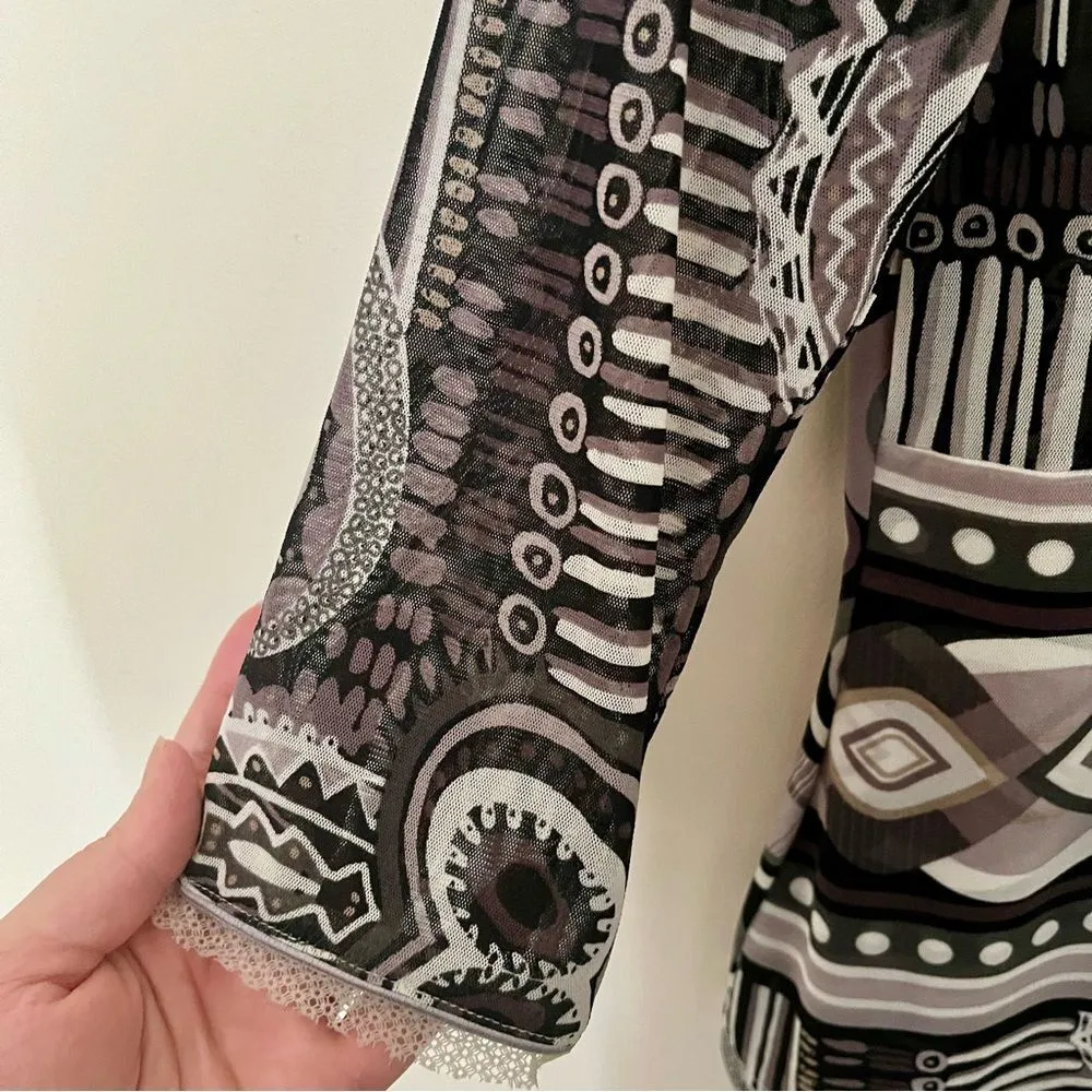 ANAC by Kimi Vintage Y2K Mixed Print Mesh Surplice Top Artsy Art to Wear Sheer L Black Size L - Image 4