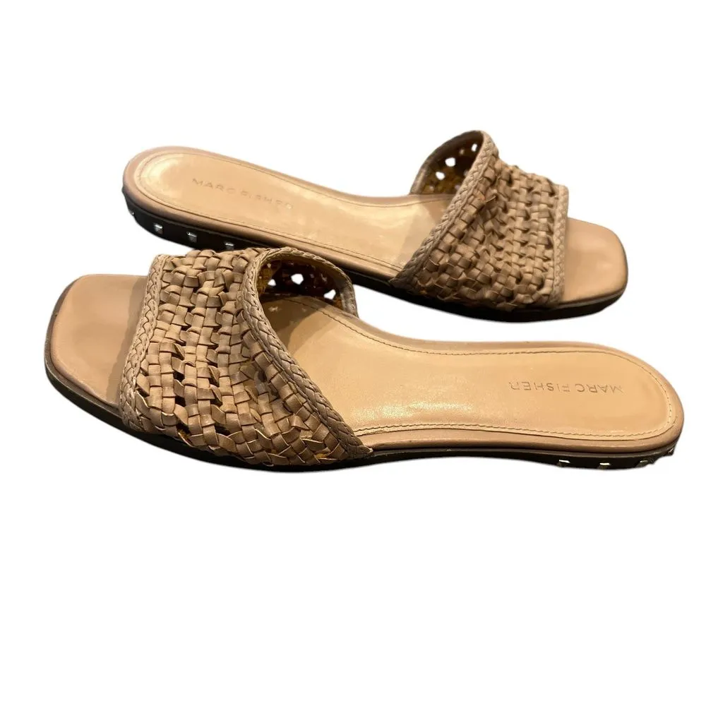 MARC FISHER Women Woven‎ Tan JEREMY Sandals Gold Spike studs Slides 8 M Read - Image 3