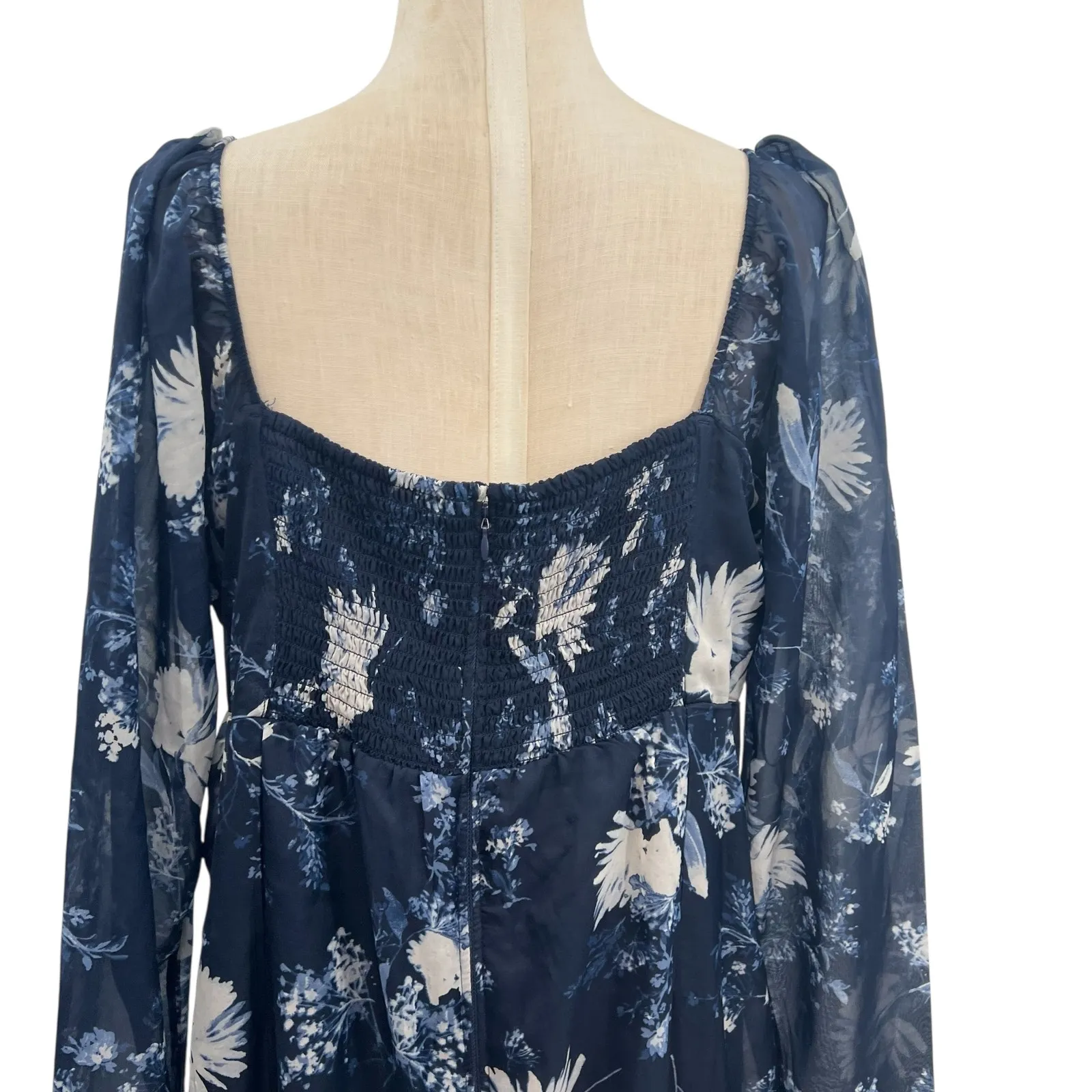 Abercrombie & Fitch Emerson Chiffon Floral Midi Dress Long Sleeve Blue Size XL - Image 9