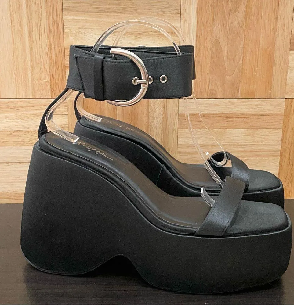NASTY GAL Black Satin Ankle Strap Buckle Chunky Wedge Platform Sandals Size 8 - Image 4