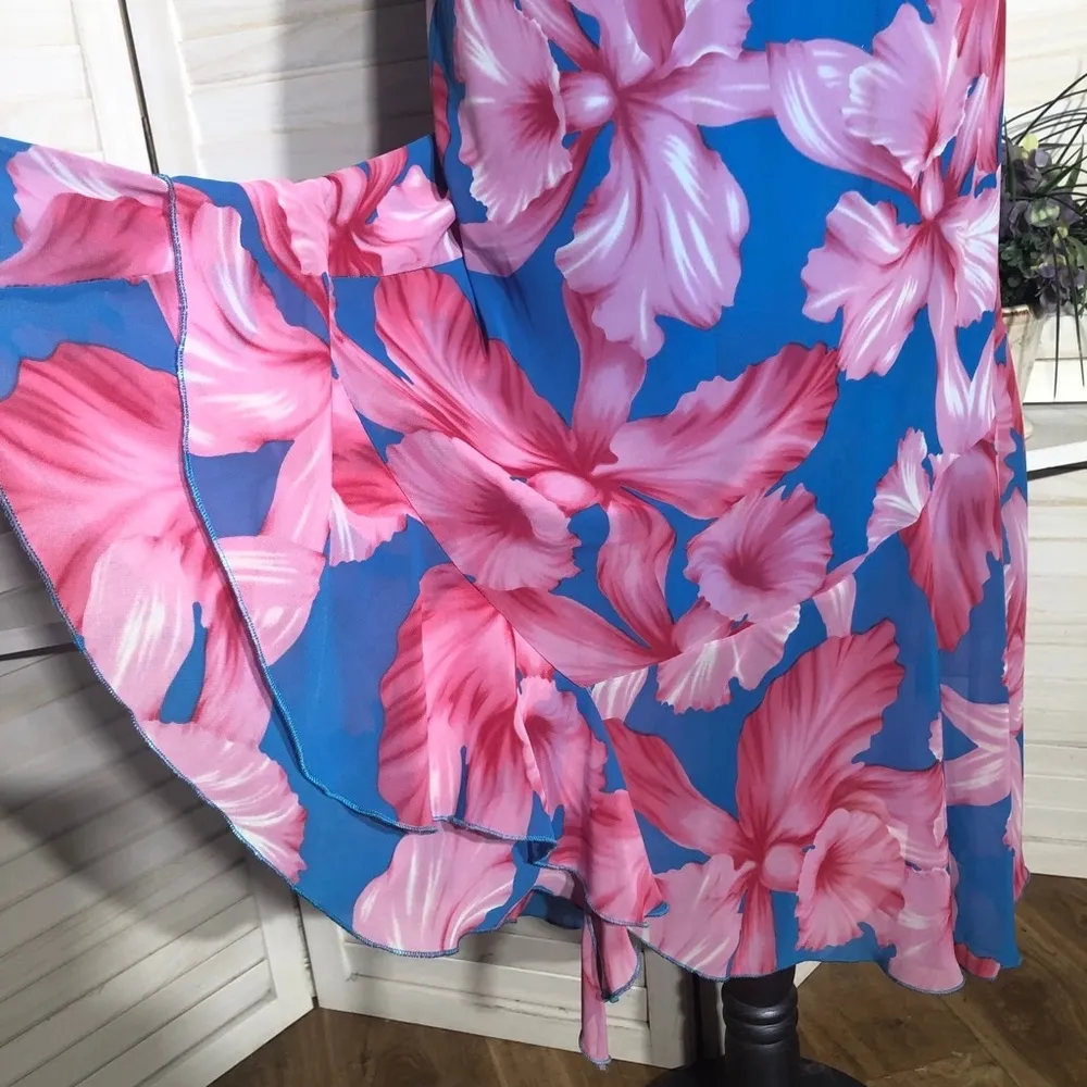 Vintage Y2K Midi Sundress Tropical Floral Print Teal Pink Size Medium - Image 8