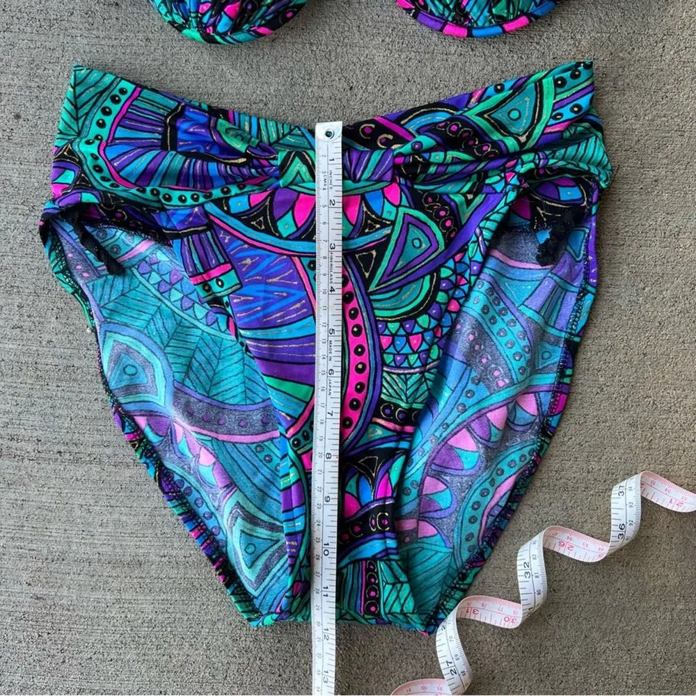 Vintage Catalina Teal Purple Paisley French high Cut Bikini Swimsuit Set - Image 4
