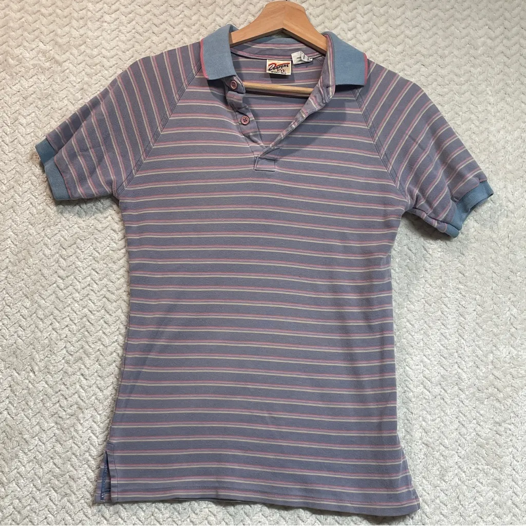 Vintage Loafers by Ryk Womens 70s Retro Purple Striped Polo Shirt Small Nerdcore Gray - Image 5