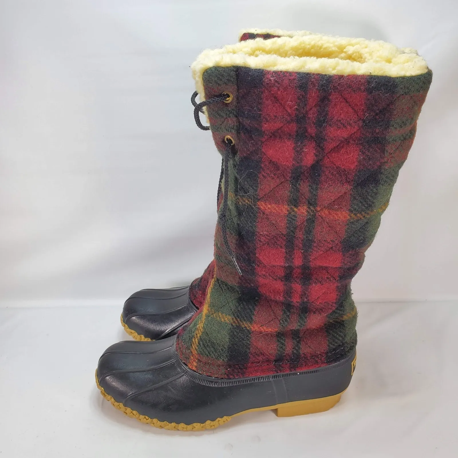 L.L. Bean Tartan Plaid Wool Shearling Sherpa Fleece Lined Duck Boot VTG Size 7 M Red - Image 7