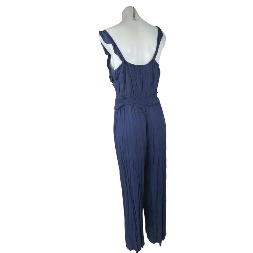 Ann Taylor LOFT Blue Sleeveless Ruffle Smocked Wide Leg Romper Jumpsuit Size S - Image 4