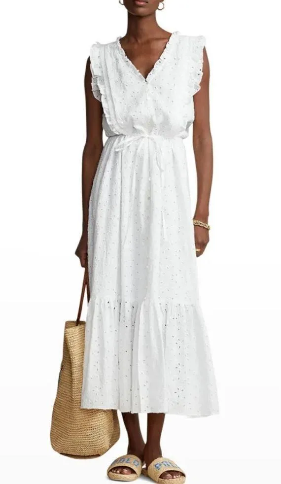 Ralph Lauren Linen Ruffled Eyelet Midi Dress, White Size 4 New w/Tag $398 - Image 14