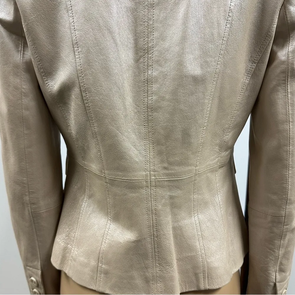 Genuine Leather Champagne Beige One Button Blazer Style Jacket Faux Pocket XS - Image 4
