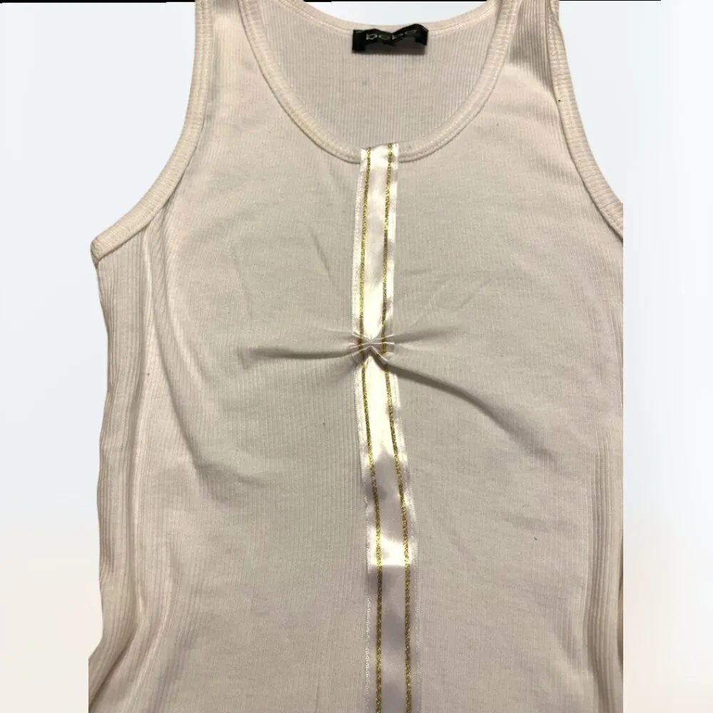 2000s Women's Y2k  white tank w/gold line ribbon detail Size S - Image 4