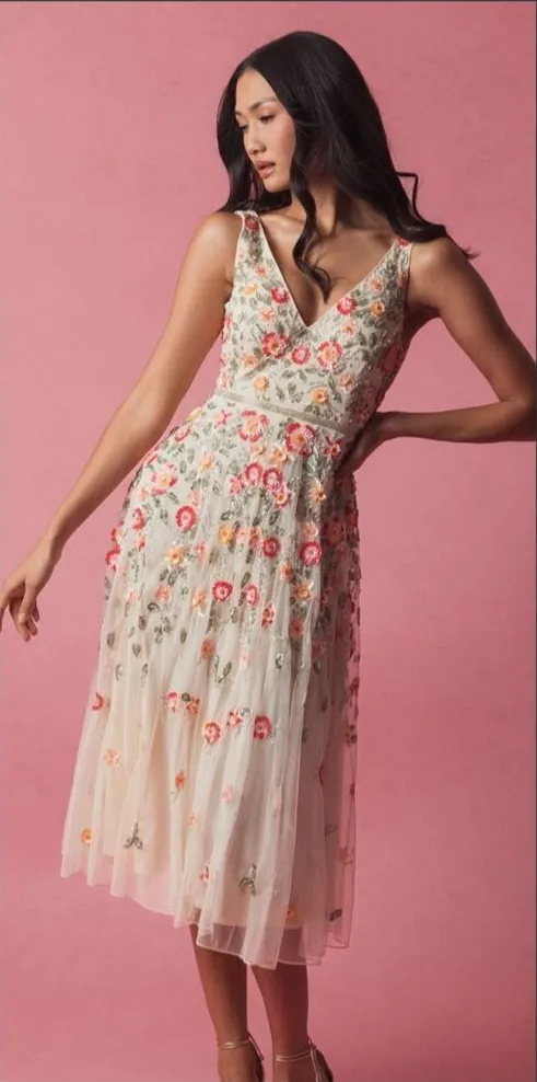 Mac Duggal 5527 Cream V-Neck Sleeveless Midi Floral Beaded A-line Dress $598 - Image 2