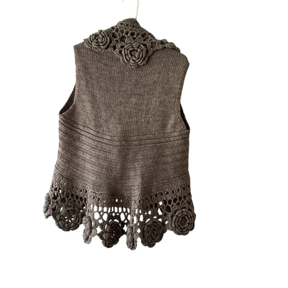 Roz & Ali Womens Crochet Knit Floral Vest 14/16 Wool Blend Sleeveless Open Front - Image 9