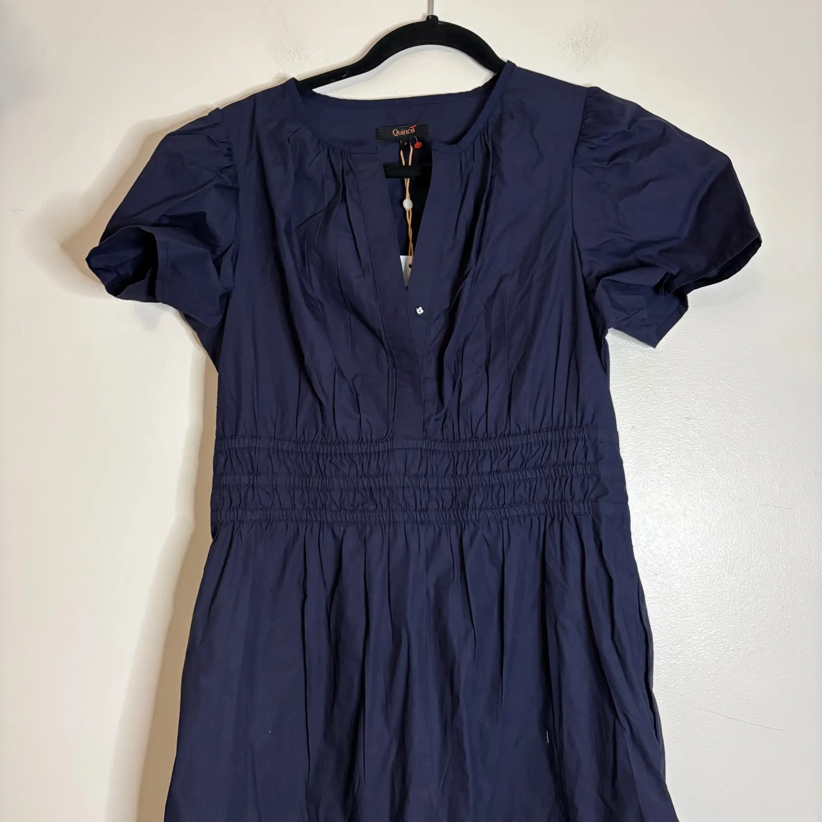 Quince Navy Blue Tiered Midi Dress Puff Sleeve Smocked Waist Casual Size S - Image 3