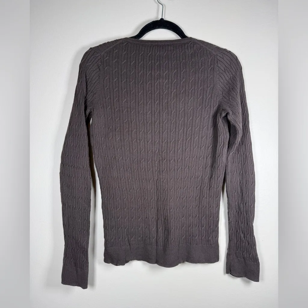 Sweater Y2K Era Brown V-Neck Women’s Cable Knit Fitted 2000s Talbots Pima Cotton - Image 2