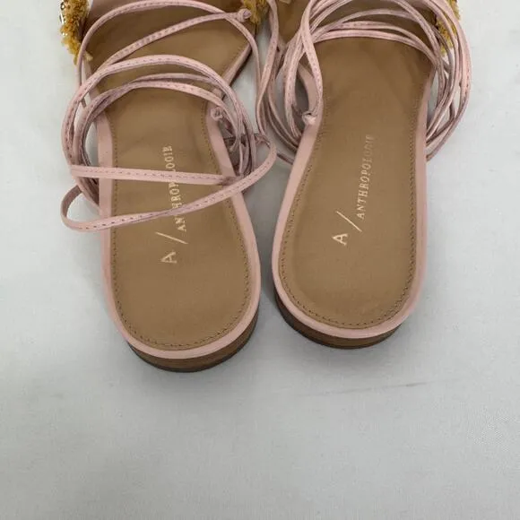 Anthropologie Embellished Tie Up Pink/Rose Raffia Square Toe Sandals New in Box‎ - Image 11