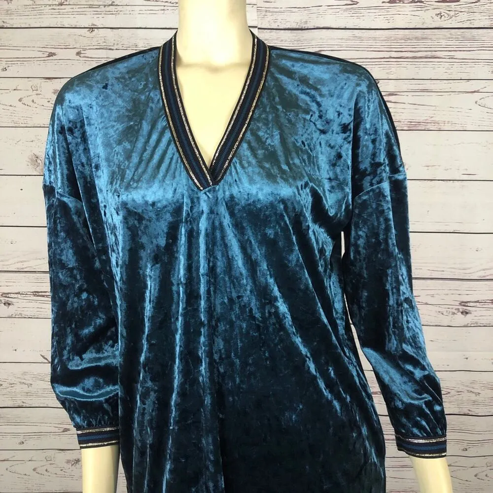 Zara Green velvet metallic dress with stripes long sleeved V neck size small - Image 3