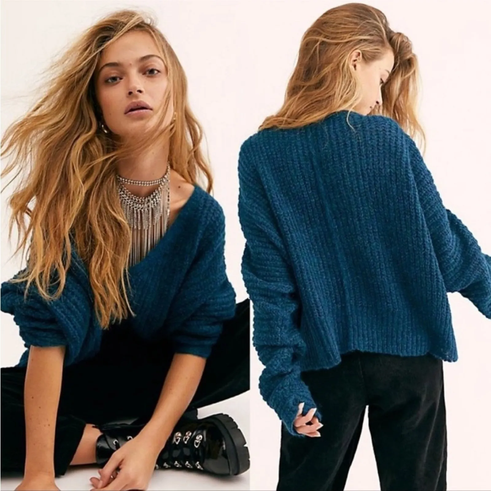 FREE PEOPLE Womens Alpaca Wool V-Neck Oversized Knit Crop Sweater Top Size XS - Image 2