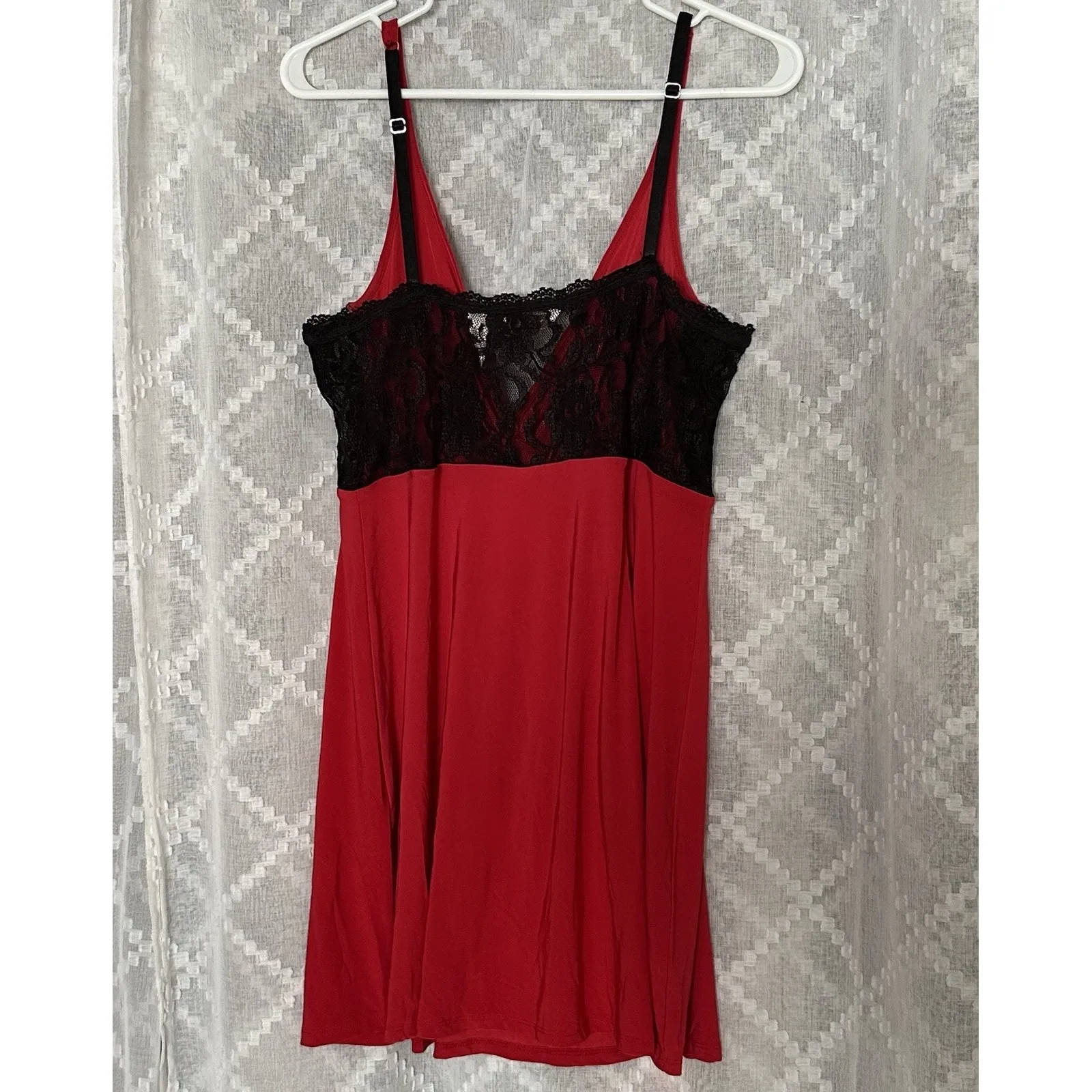 VTG Red Babydoll Slip Dress Black Lace Trim Size Large Glam Goth‎ Sexy Holiday - Image 6