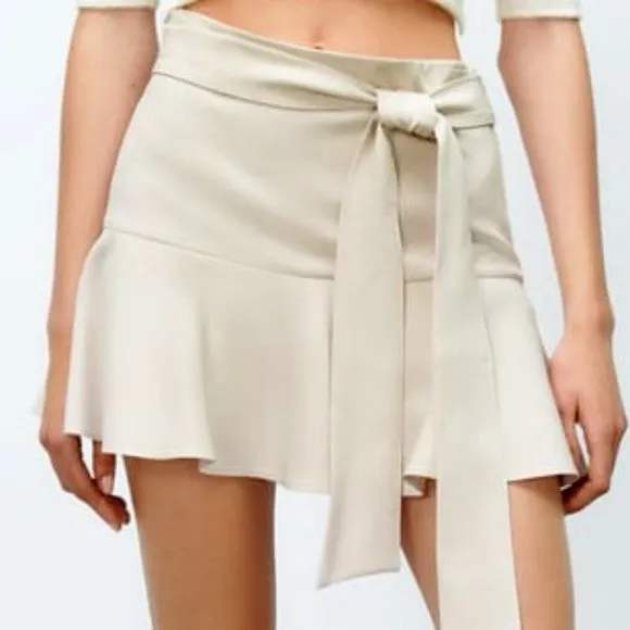 Zara bow skort tie front mini skirt shorts high rise ruffle greige neutral - Image 6