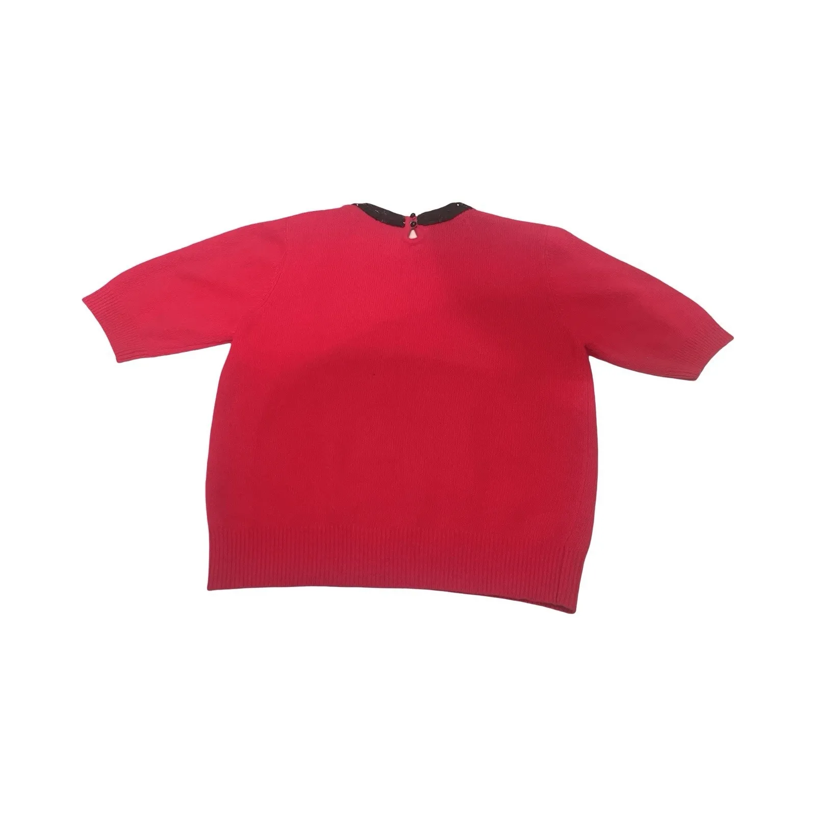 VTG Evan Picone Large Hot Pink Knit Short Sleeve Blouse Black Sequin Collar Wool - Image 3