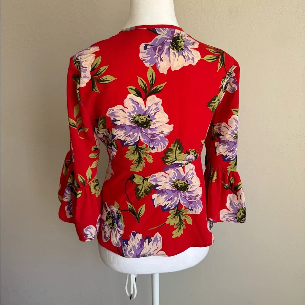 TopShop Cherry Red Floral Hawaiian Tied Wrap Cropped Blouse Womens 4 Beach - Image 4