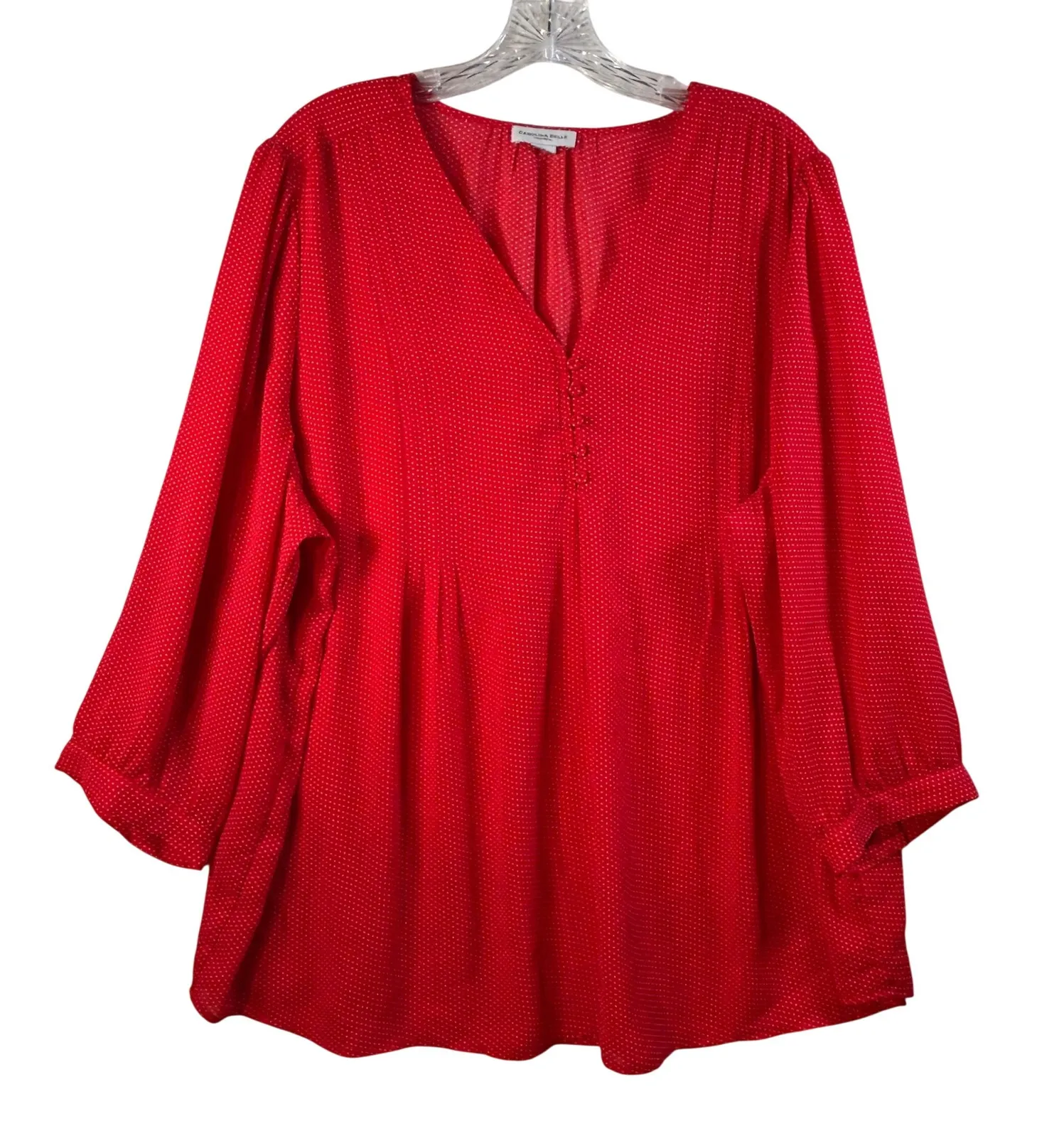 Carolina Belle Red Polka Dot V Neck Button Front Tunic Top Blouse Women Plus - Image 1