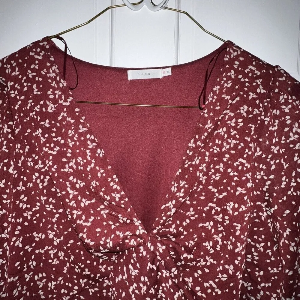 Lush Long Sleeve V-Neck Cropped Blouse - Brick Red Cream Floral Ruffled Size XXL - Image 2