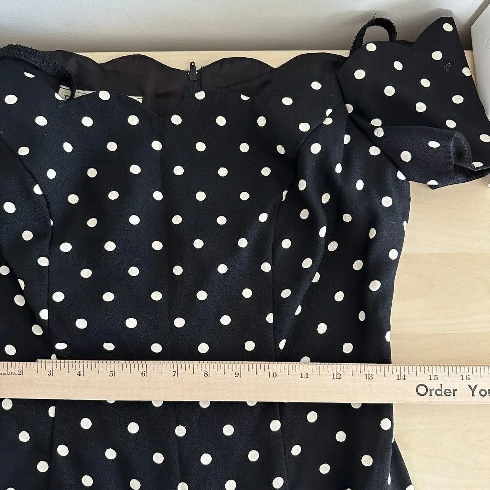 Vintage Polka Dot Dress Womens Small 90s Mini Bodycon Retro Pinup Off Shoulder Black - Image 13