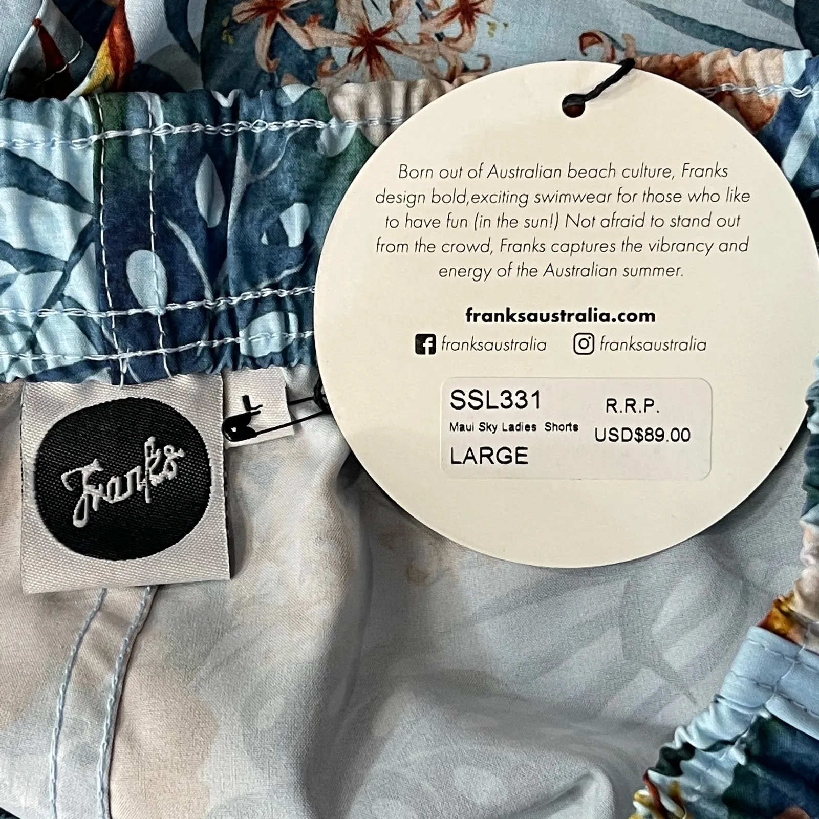 Franks Swim Large Board Shorts Hawaiian Floral Elastic Waist Pockets Quick Dry Blue - Image 4