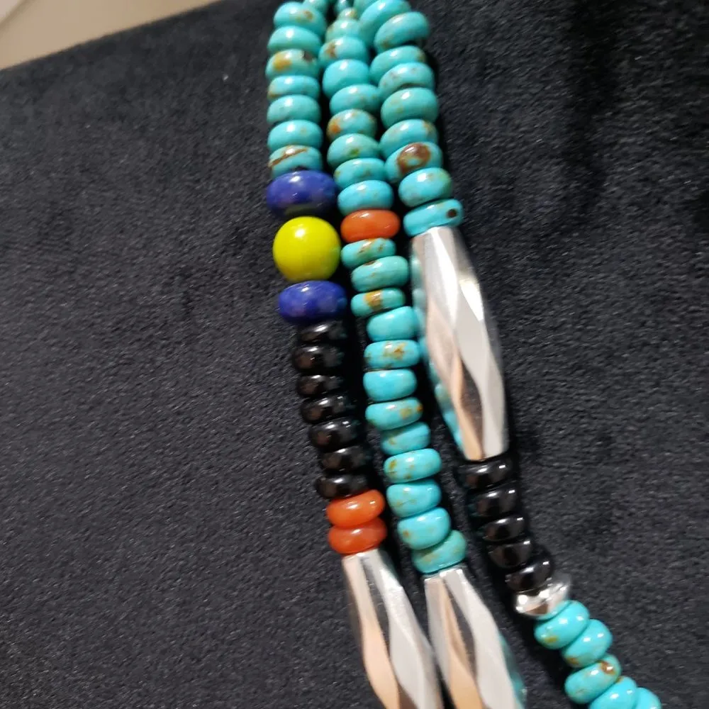 Women Fashion Native Turquoise Bead 3 Strand Collar Necklace with Lobster Clasp Blue - Image 5