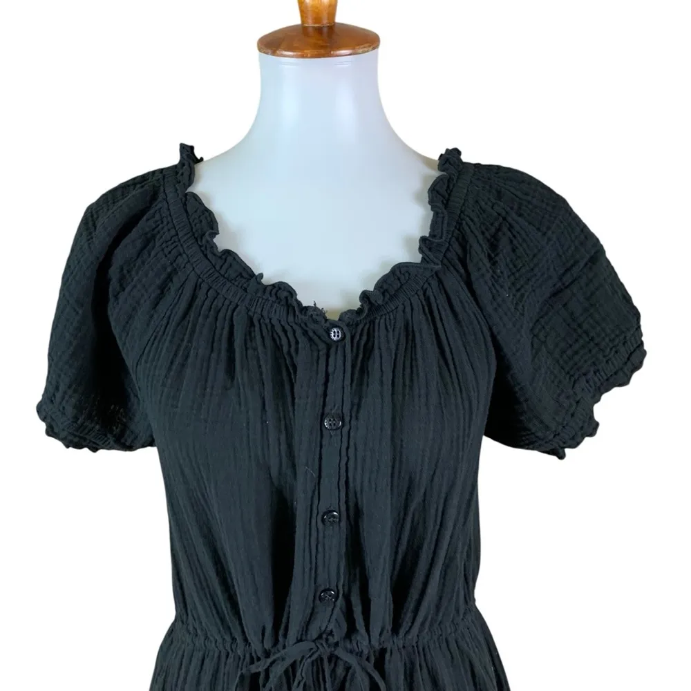 Stark X Black Button Front Ruffle Midi Dress Drawstring Waist Cotton Medium - Image 2