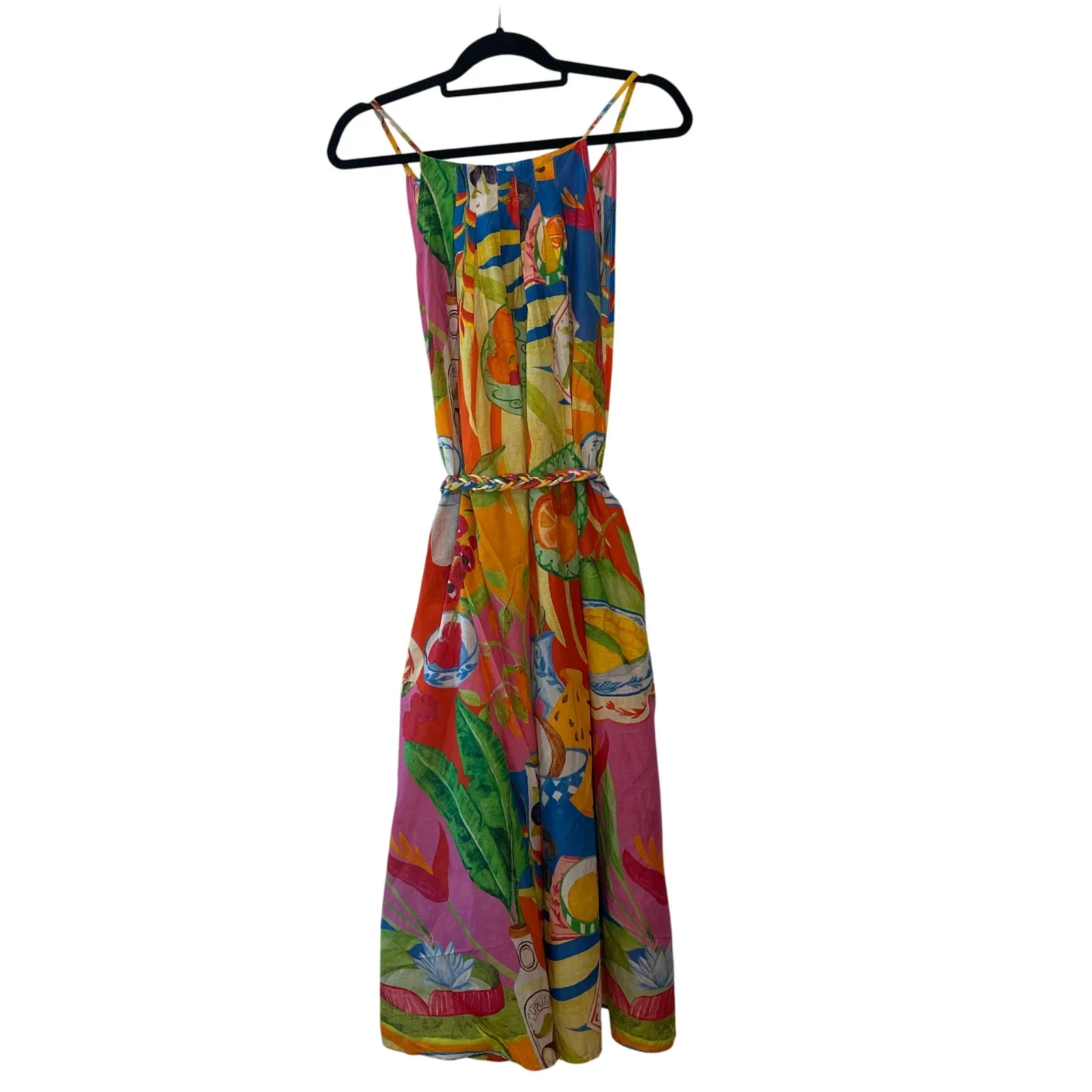 Farm Rio NWT Summer Picnic V-Neck Midi Dress w/ Braided Belt Size M - Image 4