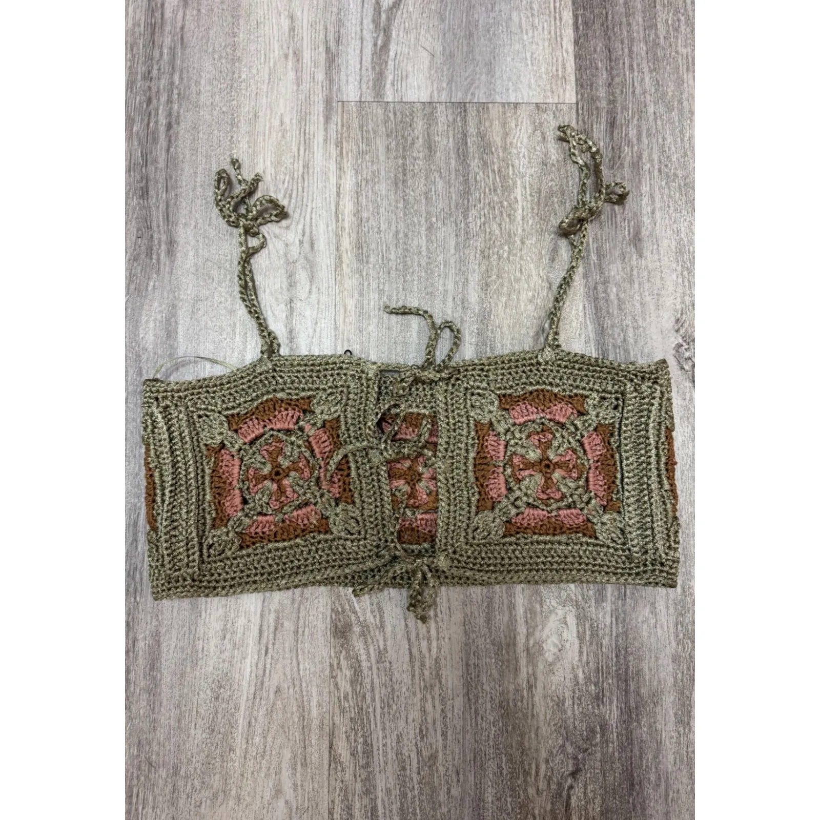 Zara Crochet Crop Top Tie Strap Square Granny Knit Pink Brown Green L‎ - Image 6