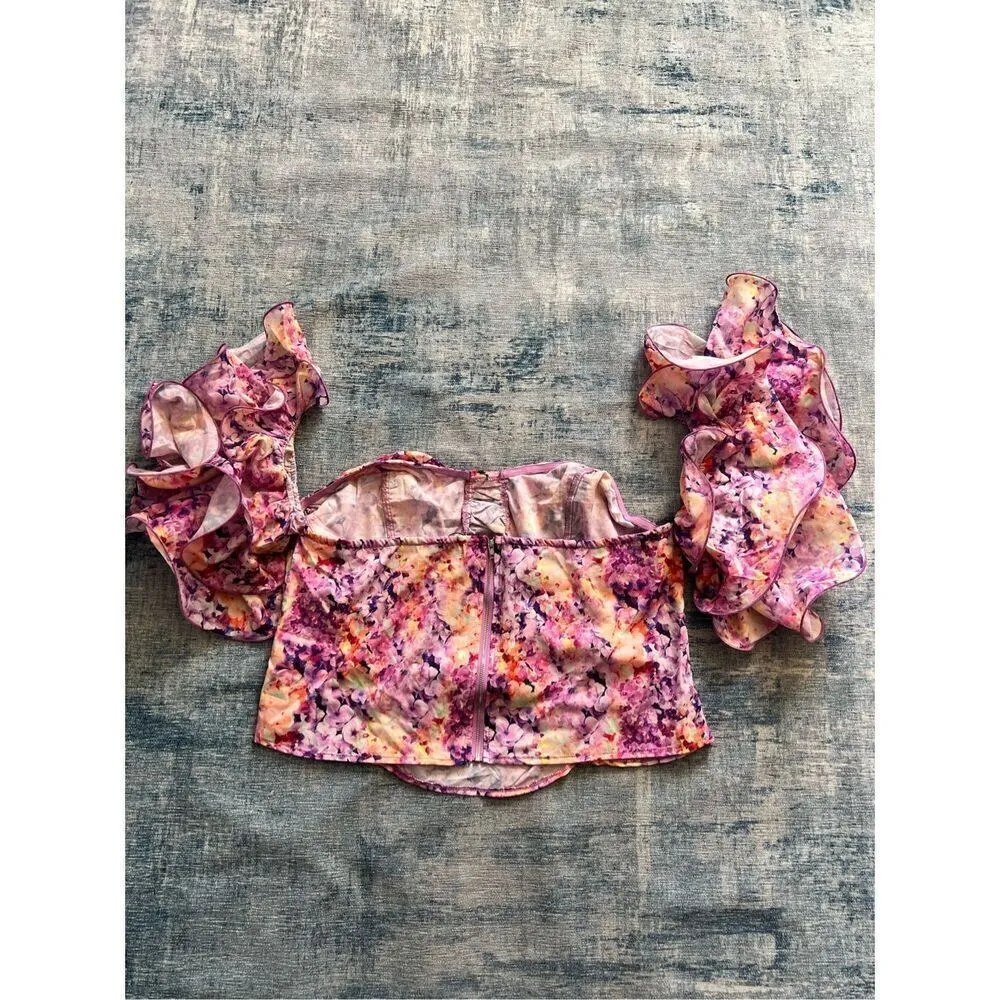 Pretty Little Thing Plus Lilac Floral Print Puff Sleeve Bardot Crop Top US 14 - Image 7