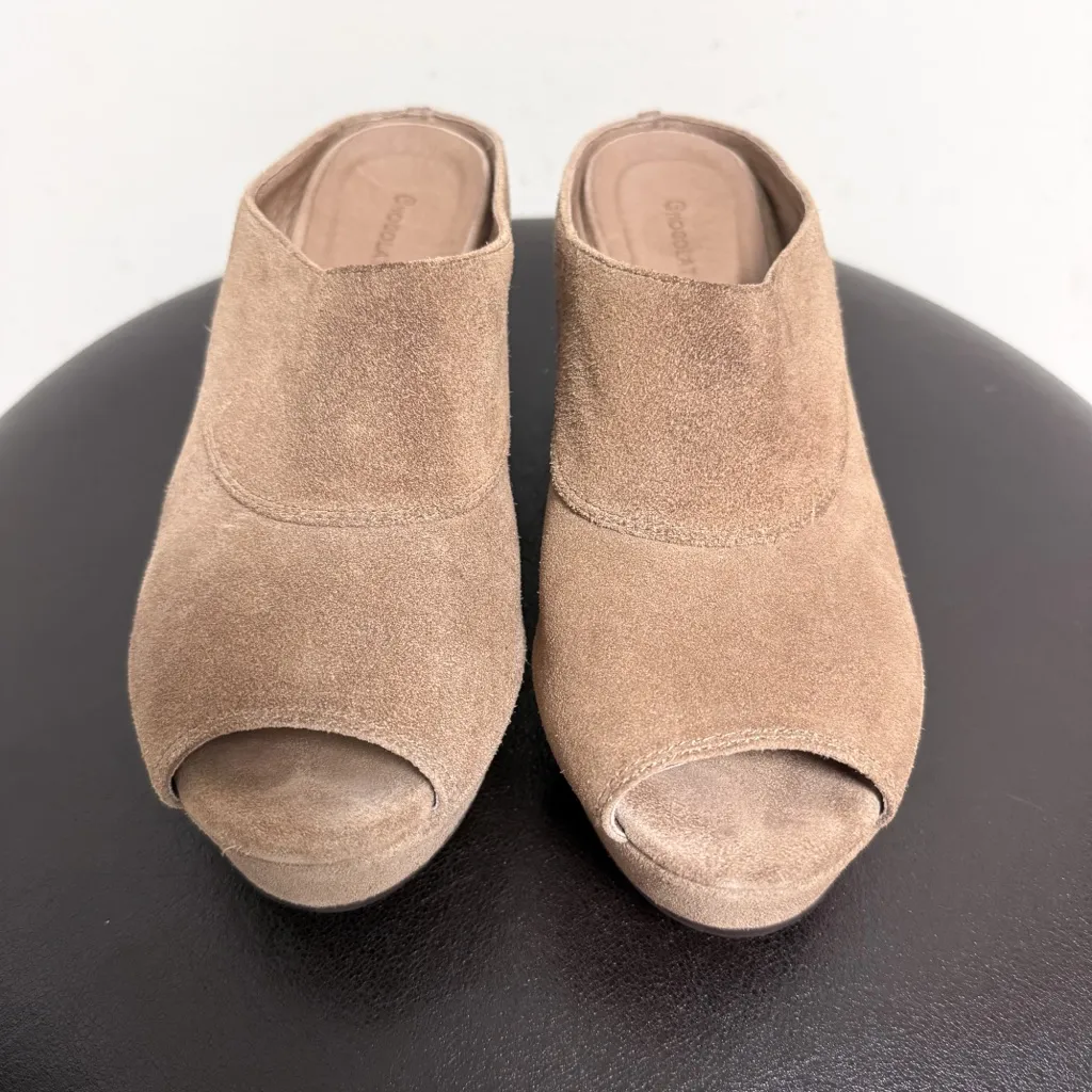 Chocolat Blu Taupe Tan Suede Leather Wind Platform Open Toe Wedge Mules 8 - Image 5