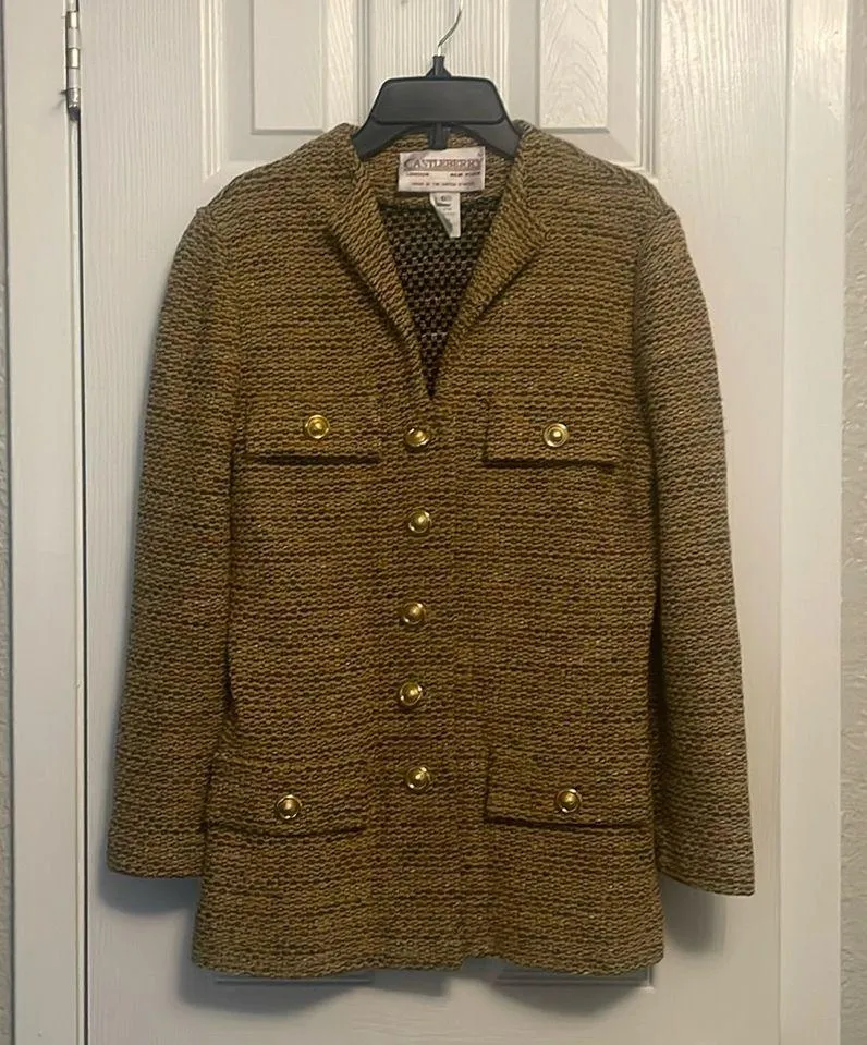 Women’s Vintage Castleberry Yellow Tan Sweater Blazer w/ Gold Buttons, Size 6 - Image 2