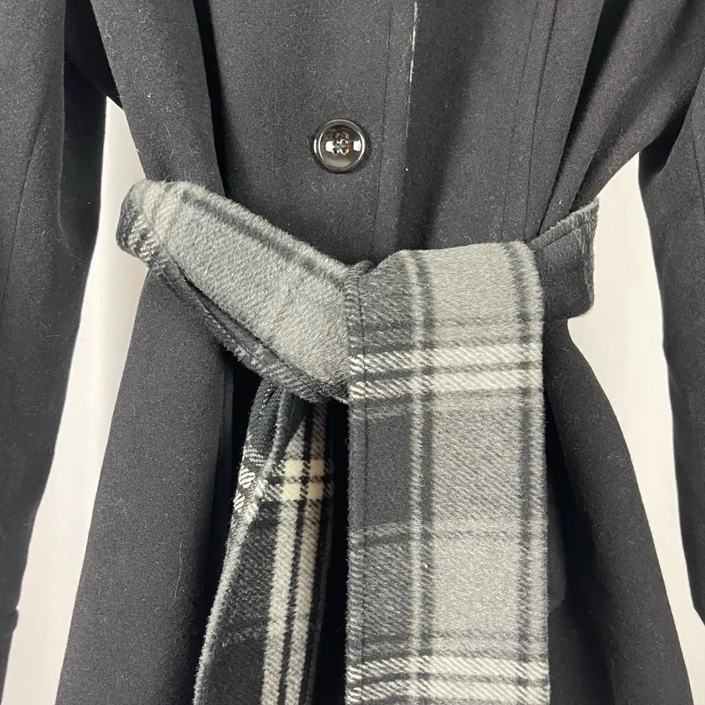 Mackintosh XL Wool Plaid Scarf Belted Longline Pea Coat Winter Warm Fleece Black - Image 6