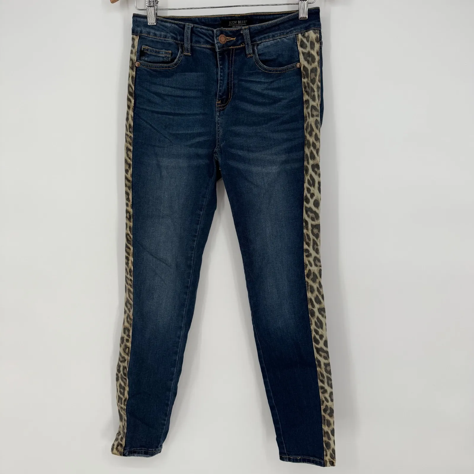 Judy Blue Jeans Womens 7/28 Blue Denim Logo Skinny Leg Leopard Print Side Stripe - Image 2