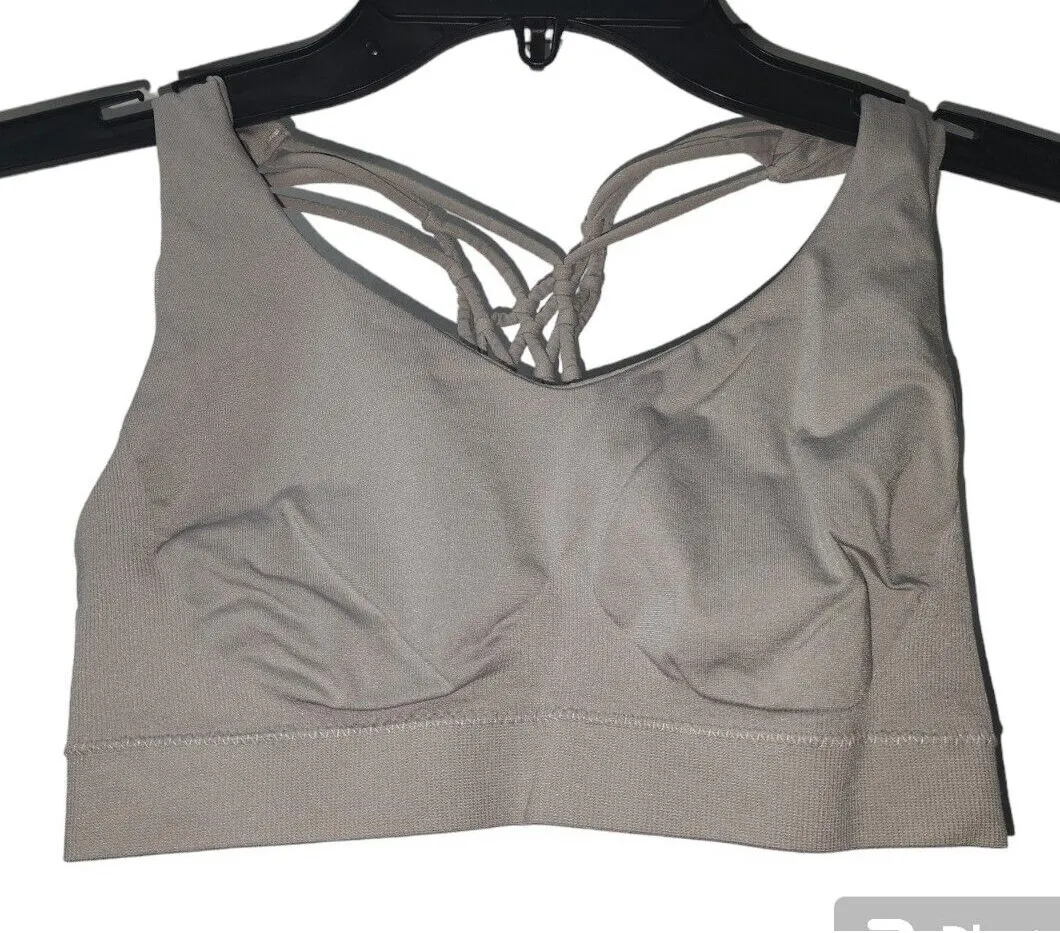 Pro Fit Bra Top Criss Cross Back Padded Athletic Gym Workout Beige S Tan - Image 1