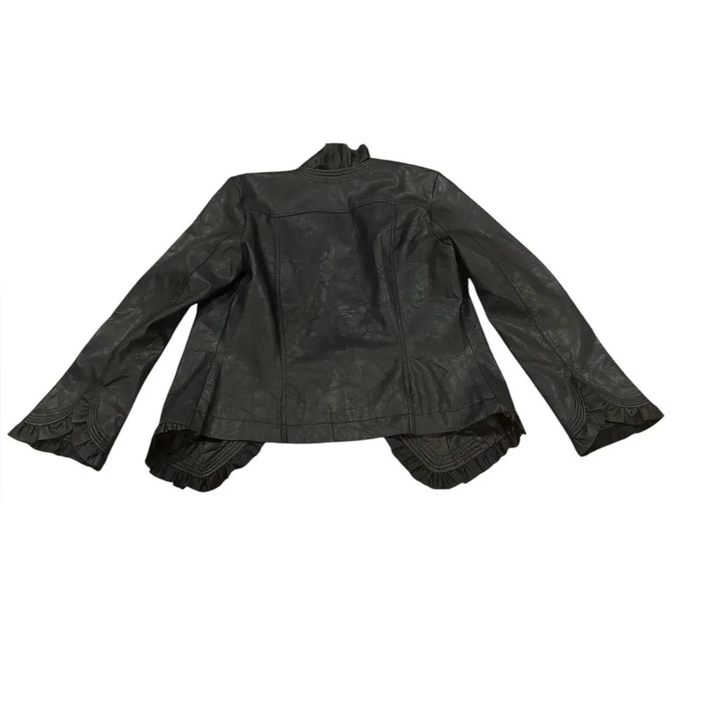 HOT IN HOLLYWOOD BLACK FAUX LEATHER PLEATHER RUFFLE TRIM JACKET M Size M - Image 3