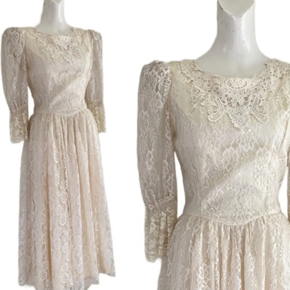 Vintage 1970’s Gunne Sax by Jessica McClintock Ivory Lace Midi Wedding Dress 7 - Image 14