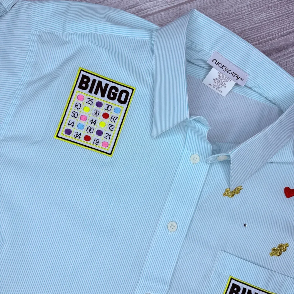 Vintage lucky lady bingo card bingo shirt button front long sleeve blouse large Blue - Image 7