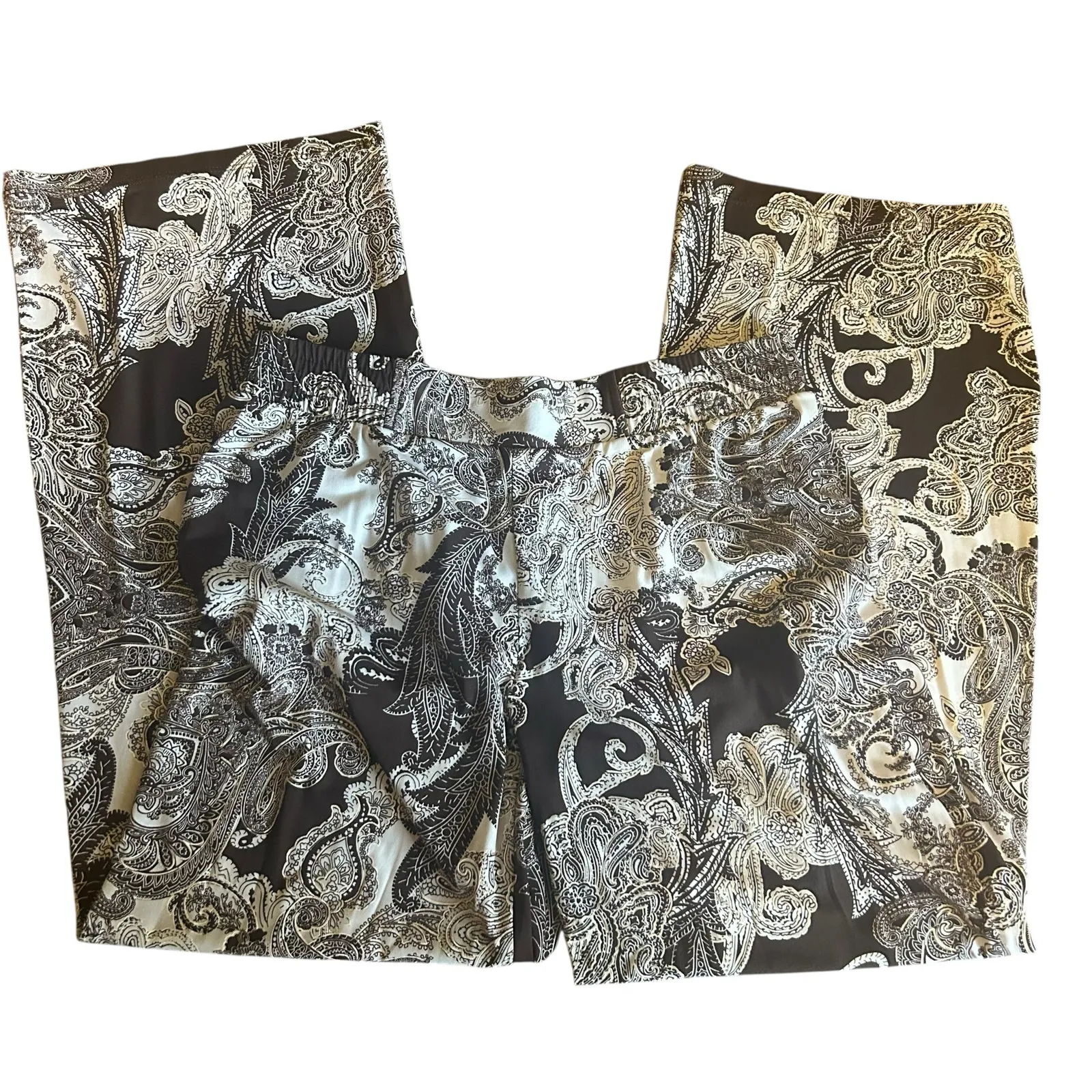 IMAN Easywear Pants SZ LG Brown Gold Trim Paisley Slinky Wide Leg Elastic Waist - Image 3