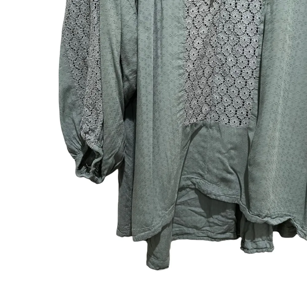 Free People Moon River Boho Lace Tie Front Top Balloon Sleeve Green Size XS - Image 4