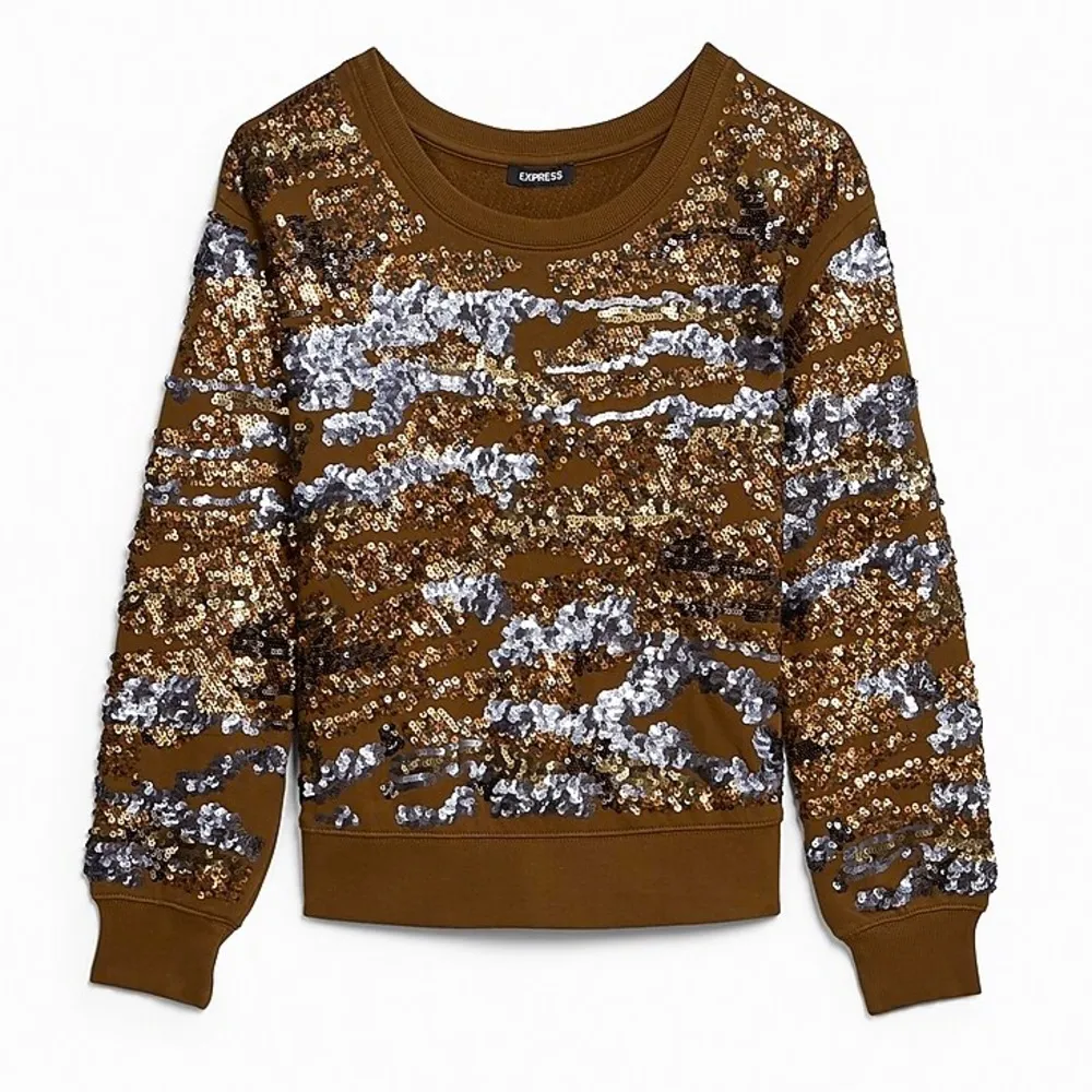 Express Sequin Camo Sweatshirt Sweater GREEN Size S NEW - Image 4