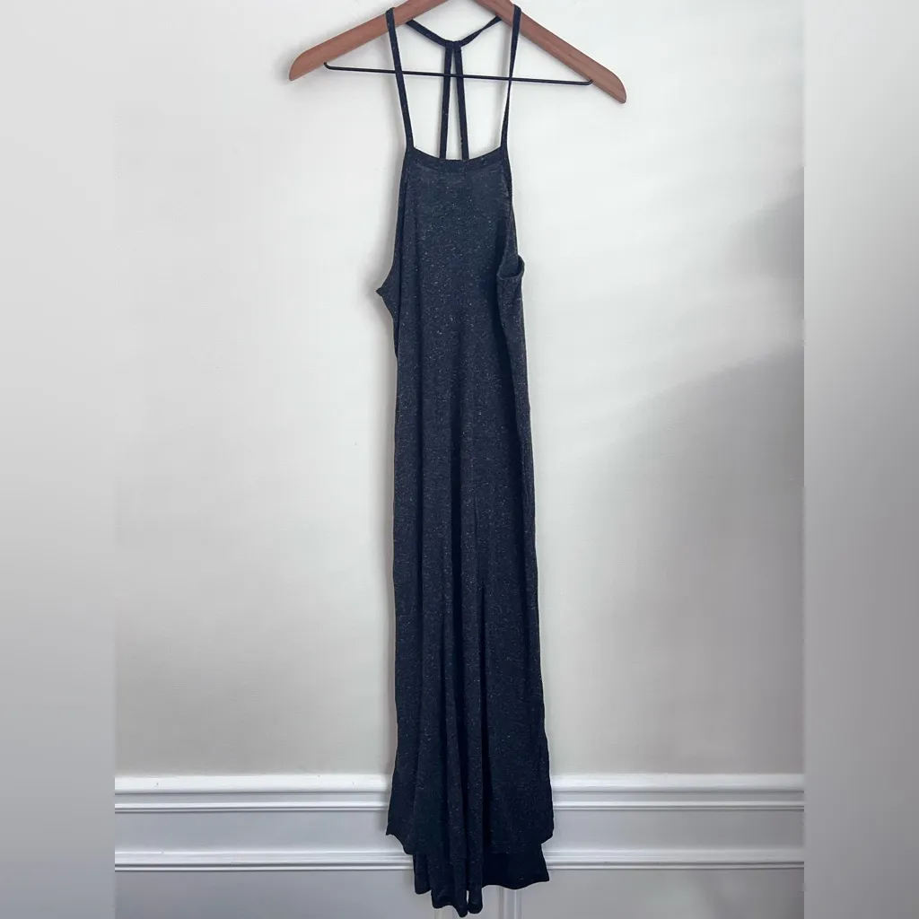 Free People beach black speckled tank midi dress side slits lightweight Flax Lin - Image 3