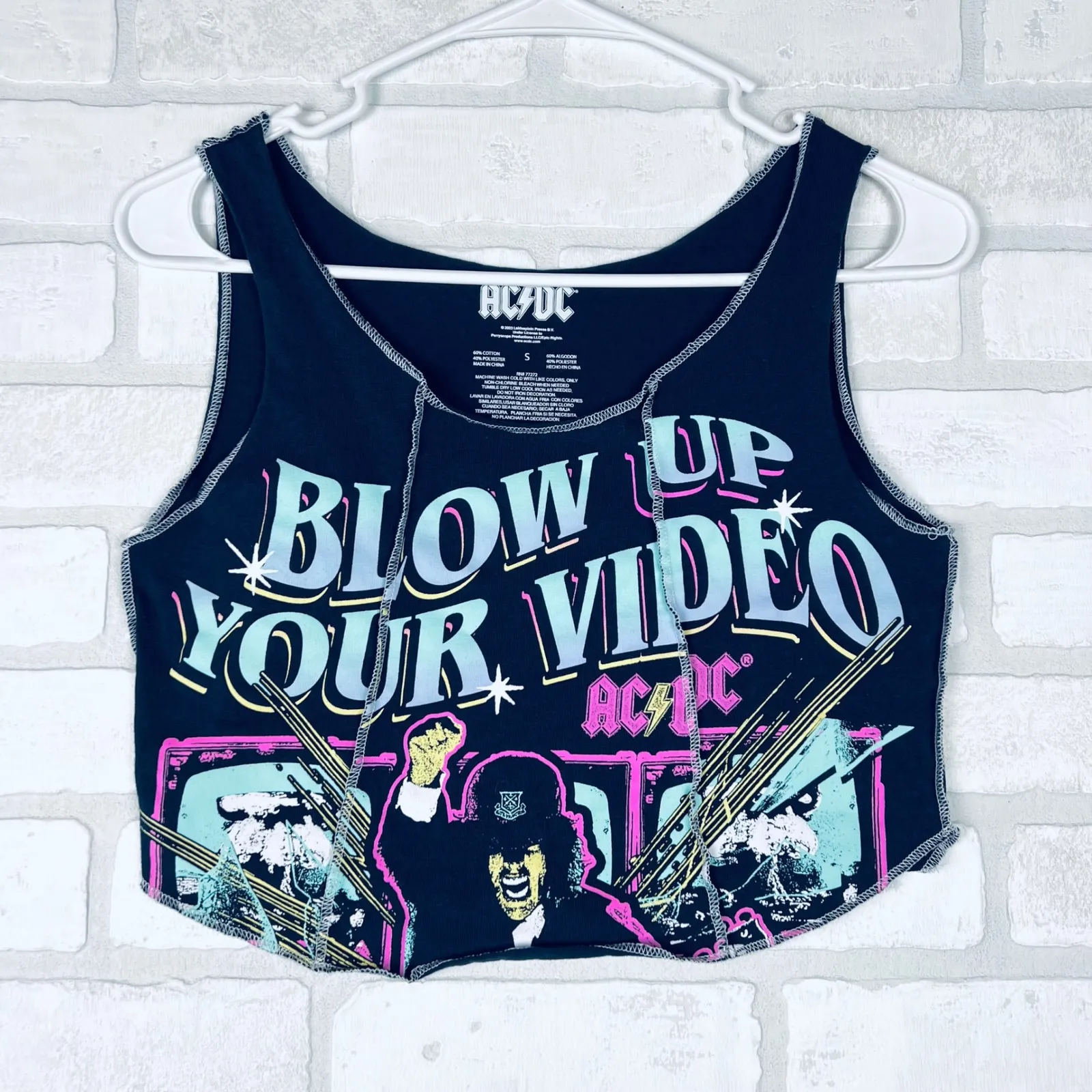 AC/DC Women's Blow Up Your Video Graphic Cropped Tank Top Blue Size‎ S - Image 7